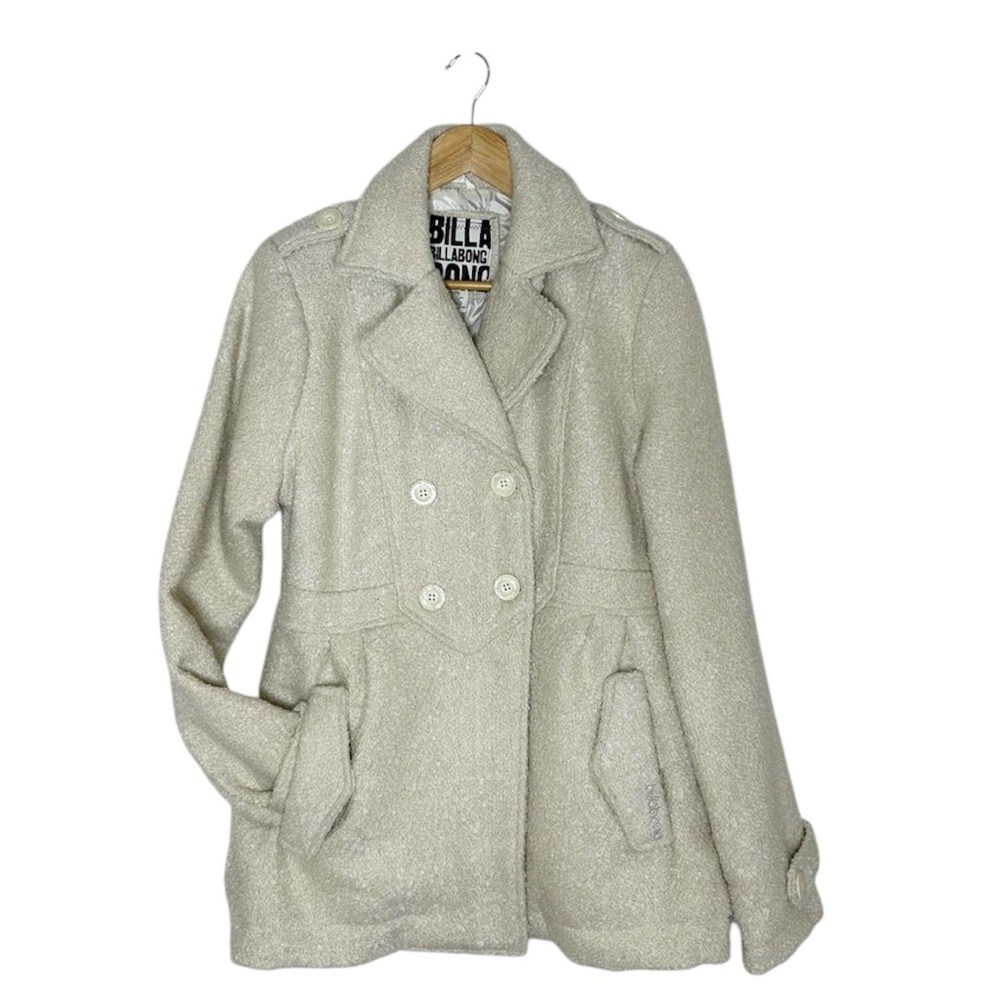 Billabong Shawna Wool Blend Cream Textured Twill Double Breasted Peacoat XL